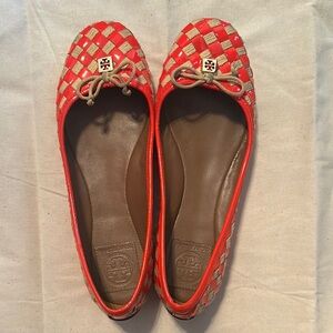 Tory Burch Red and Cream Quilted Flats